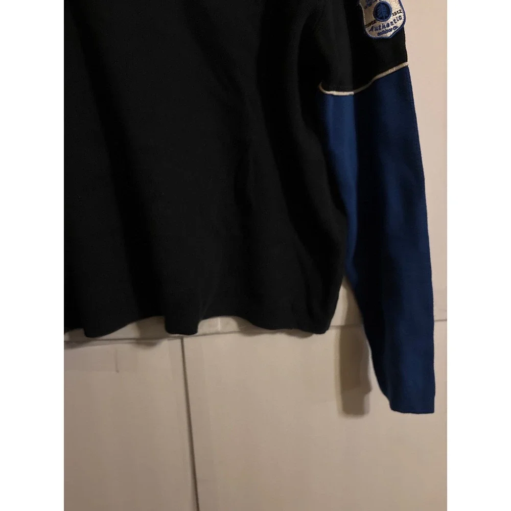 LL Bean Mens Colorblock Quarter Zip Pullover Sweater Blue Black‎ Cotton M REG